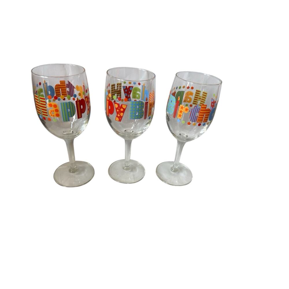 Happy Birthday Wine Glasses Set of 3 Colorful Party Stemware Celebration Decor